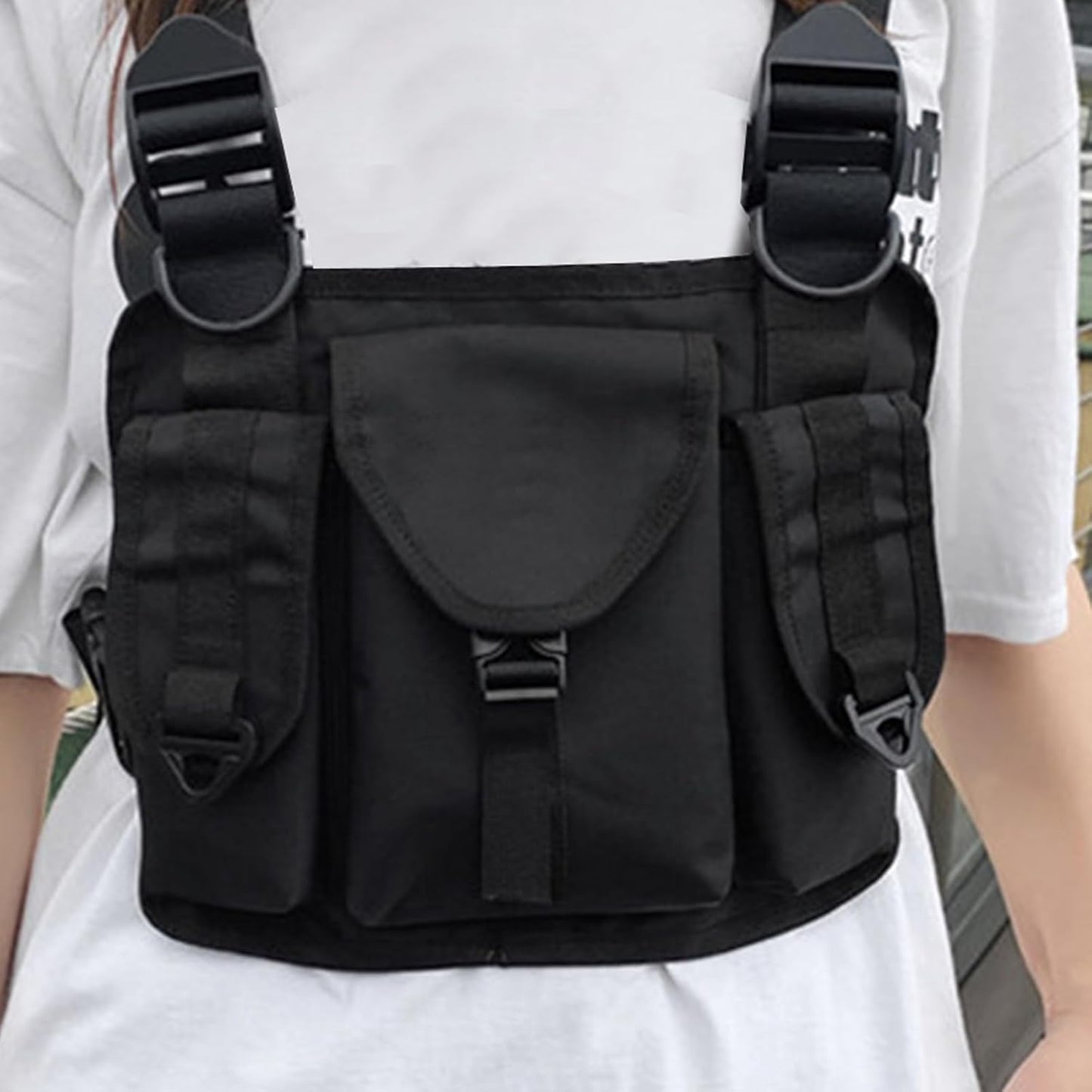 Running Chest Pack, Adjustable Shoulder Harness, Lightweight Pouch, Multiple Compartments, Secure Strap Organizer for Jogging, Hiking, Travel, Outdoor Sports 11.02x9.06x0.79 inches
