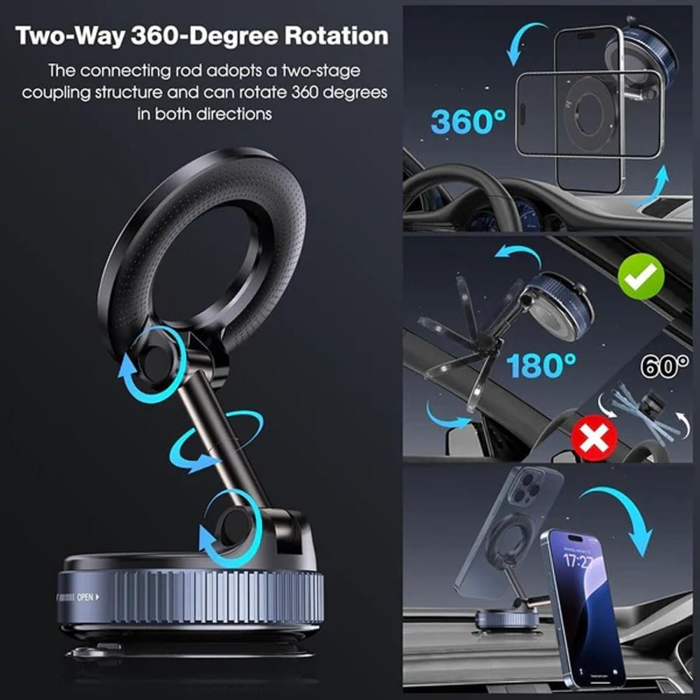 Eptchn Maglock 360° Foldable Magnetic Phone Mount,2025 Upgraded Vacuum 96lbs Ultra Suction Cup Car Phone Holder,Adjustable Phone Stand for Magsafe Cell Phone Holders for Car/Gym/Mirror(2pcs Black)