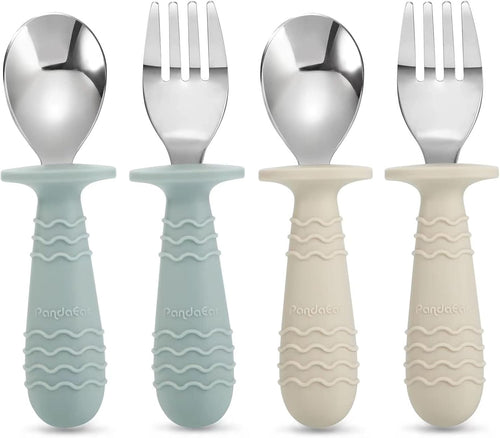 PandaEar 4 Set Baby Toddler Silicone Stainless Steel Utensils Silverware Spoon Fork for Baby Toddler BPA Free with Silicone Holding Anti-Choke Design (Morandi Green & Milky White)