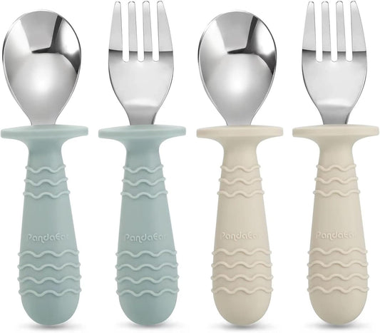 PandaEar 4 Set Baby Toddler Silicone Stainless Steel Utensils Silverware Spoon Fork for Baby Toddler BPA Free with Silicone Holding Anti-Choke Design (Morandi Green & Milky White)