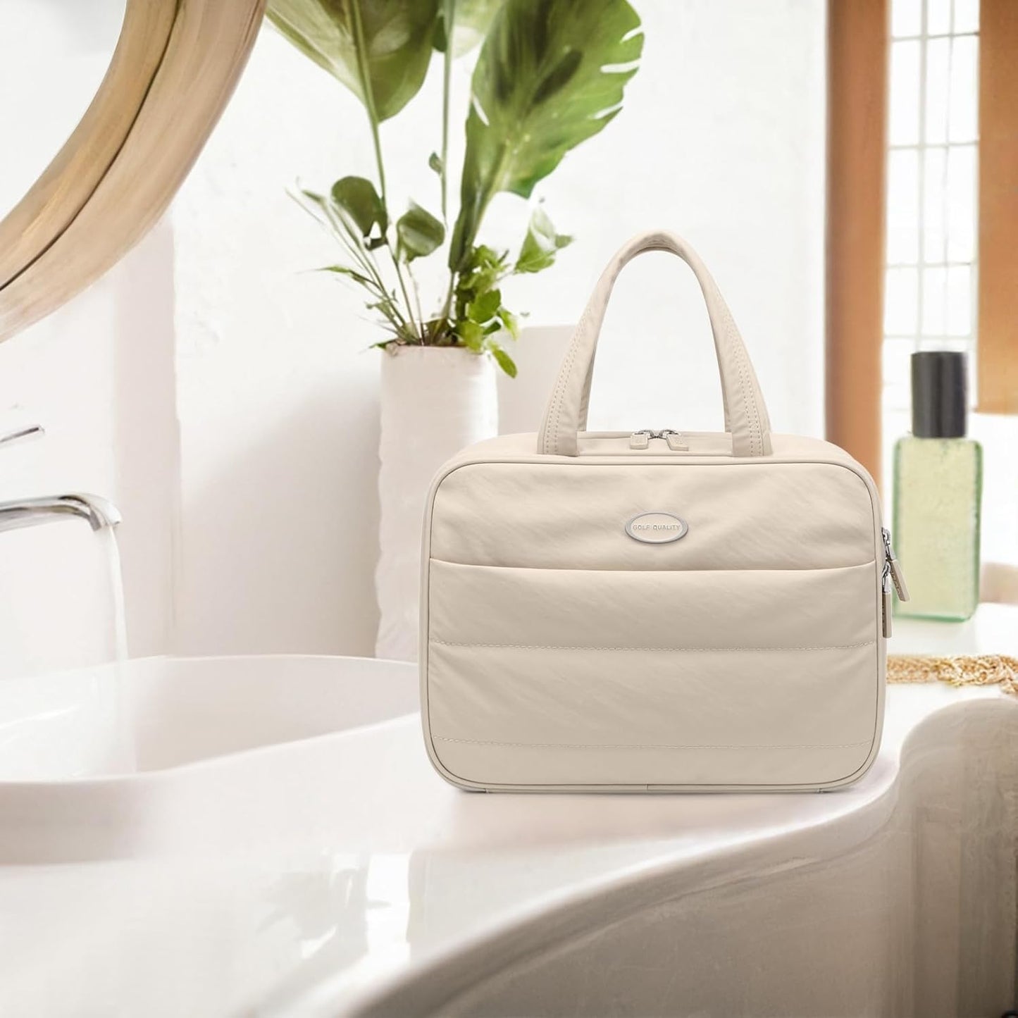 GOLF QUALITY Women's Travel Toiletry Bag Hanging Waterproof Makeup Bag High Capacity Travel Makeup Bag Useful Accessories Large Makeup Bag with Hook, Elegant Apricot, Includes