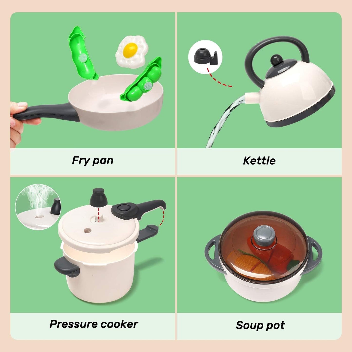 CUTE STONE 40PCS Pretend Play Kitchen Toys,Toy Cookwares with Spray Pressure Cooker,Electronic Induction Cooktop and Cooking Utensils,Tablewares Toy,Play Food, Shopping Basket Learning Gift for Kids