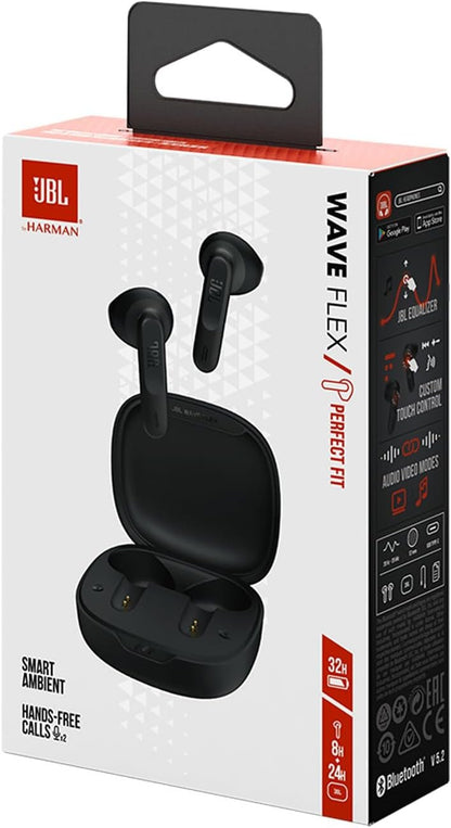JBL Wave Flex, JBL Deep Bass Sound, Comfortable fit, Up to 32 (8h + 24h) total hours of battery life with speed charging, Stay aware of your surrounding, Hands-free calls with VoiceAware, Black