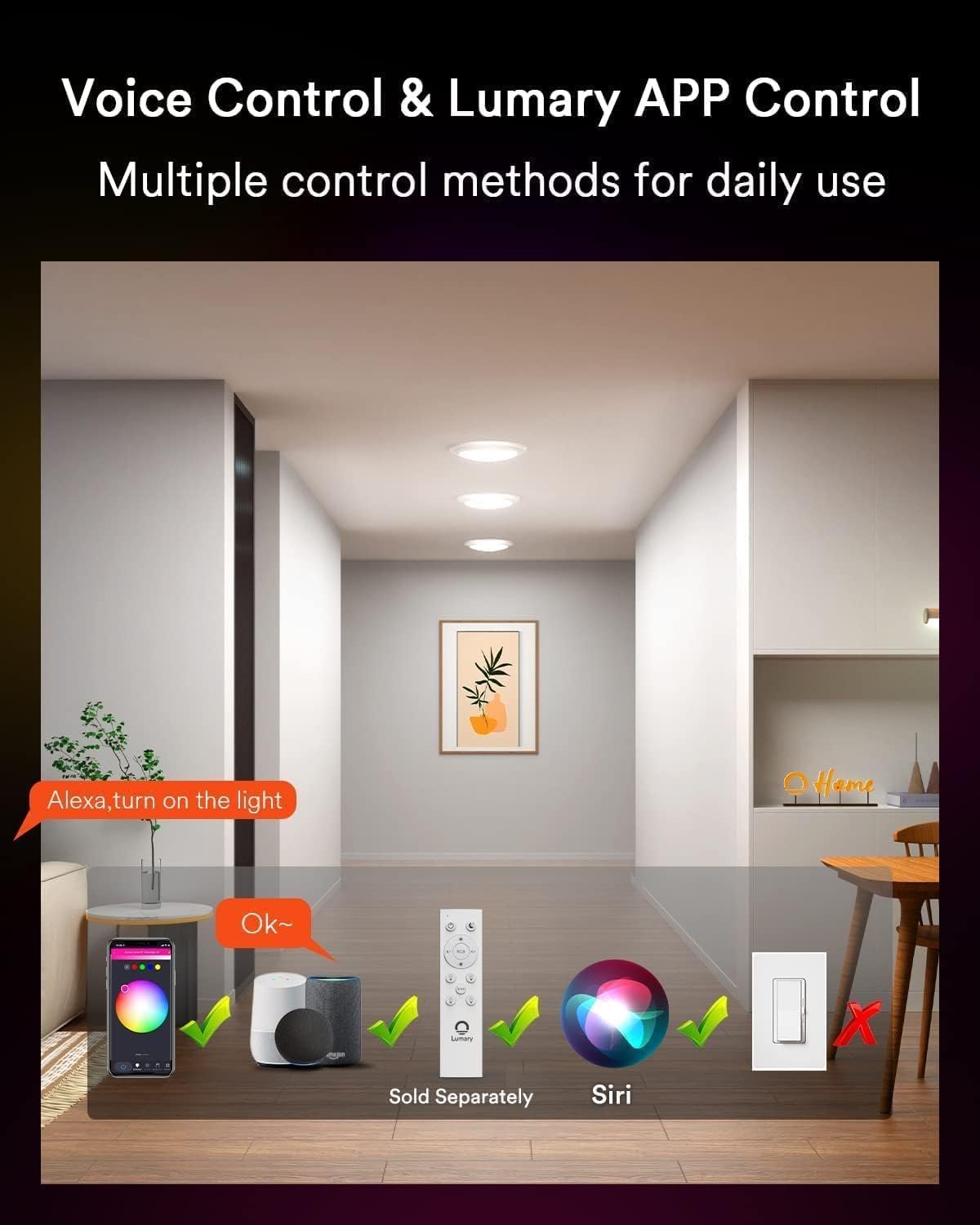 Lumary 13W Smart Flush Mount Ceiling Lights 5/6 Inch, RGBWW WiFi LED Disk Light, Color Changing 2700-6500K Dimmable Recessed Lighting, Surface Mount, Work with Alexa/Google Assistant