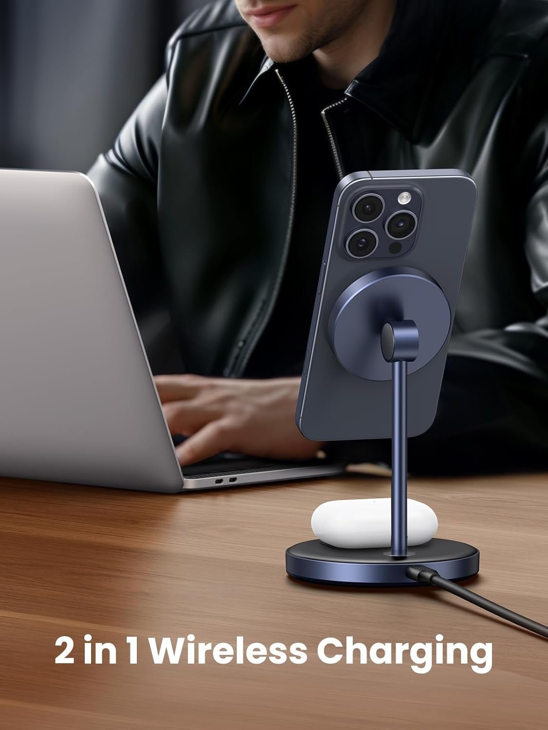 UGREEN 2-in-1 Qi MagFlow Wireless Charger, MagSafe Charging Stand, with 1M USB-C Cable for iPhone 16/15/14/13/12 Series and AirPods Series (No AC Adapter)