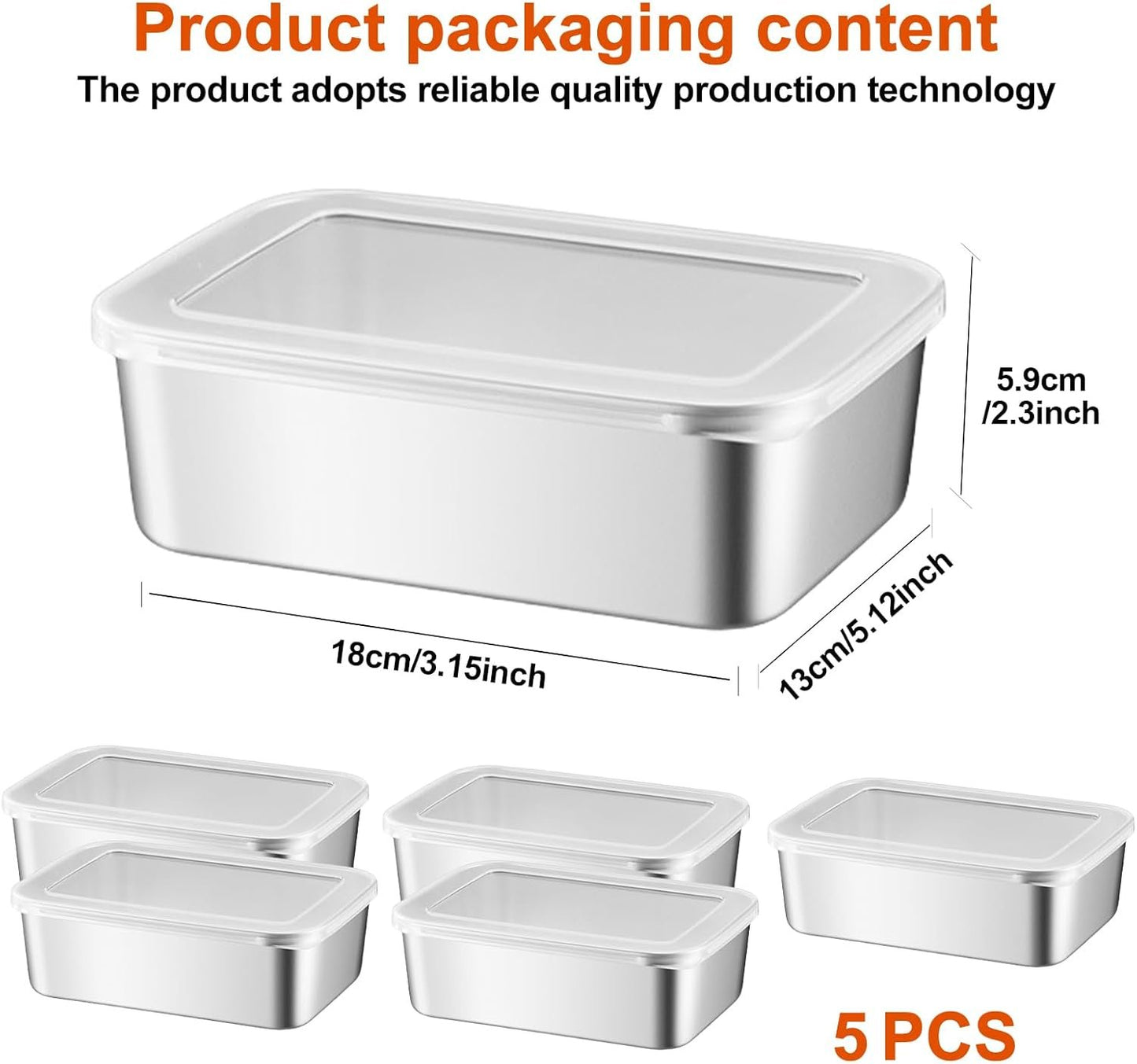 PRITOK Food Storage Container, Stainless Steel Food Storage Containers with Lid, Pack of 5, 1100 ml, Meal Prep Boxes, Reusable Freezer Containers, Food Storage Box for Food, Microwave
