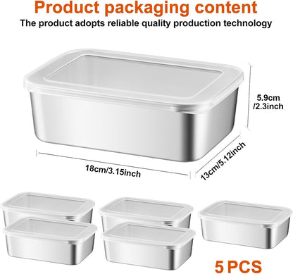 PRITOK Food Storage Container, Stainless Steel Food Storage Containers with Lid, Pack of 5, 1100 ml, Meal Prep Boxes, Reusable Freezer Containers, Food Storage Box for Food, Microwave
