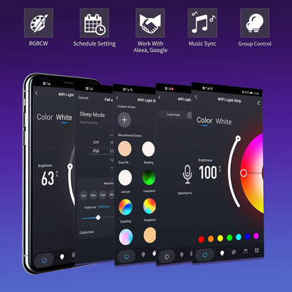 Silicone Coated Strip Light FRESHIN 16.4FT/5M RGBCW IP44 Dustproof Odorless Music Sync, Compatible with Alexa, Google Home