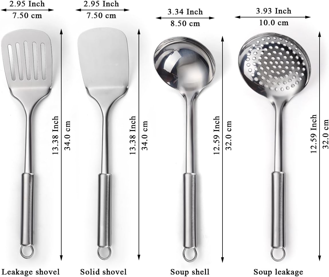 ReaNea Stainless Steel Cooking Utensils Set 4 Pieces, Kitchen Tools Set Include Metal Spatula Set, Kitchen Skimmer, Soup Ladle, Kitchen Gadgets Essentials New Home Must Have