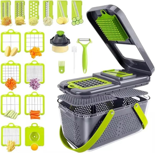Supreme Kitchen 22 in 1 Multifunctional Veggie Chopper with Storage Container, Finger Protector, Cleaning Brush, Drain Strainer Green and Grey