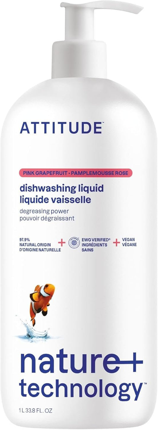 ATTITUDE Dishwashing Liquid, Made in Canada, EWG Verified, Vegan Dish Soap, Plant Based, Naturally Derived Products, Pink Grapefruit, 1 Liter