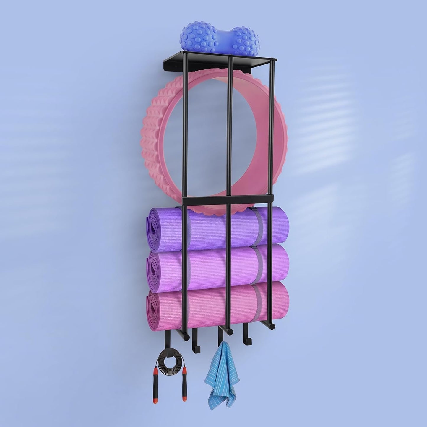 DNYLHRLZ Yoga Mat HolderYoga Mat Holder Wall MountHome Gym Accessories Organizer,Towel Storage Rackwith 4 Hooks for Hanging Foam Roller and Resistance Bands Gym Organization for Home Gym