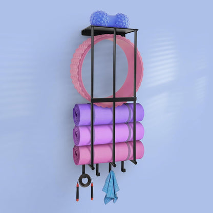 DNYLHRLZ Yoga Mat HolderYoga Mat Holder Wall MountHome Gym Accessories Organizer,Towel Storage Rackwith 4 Hooks for Hanging Foam Roller and Resistance Bands Gym Organization for Home Gym