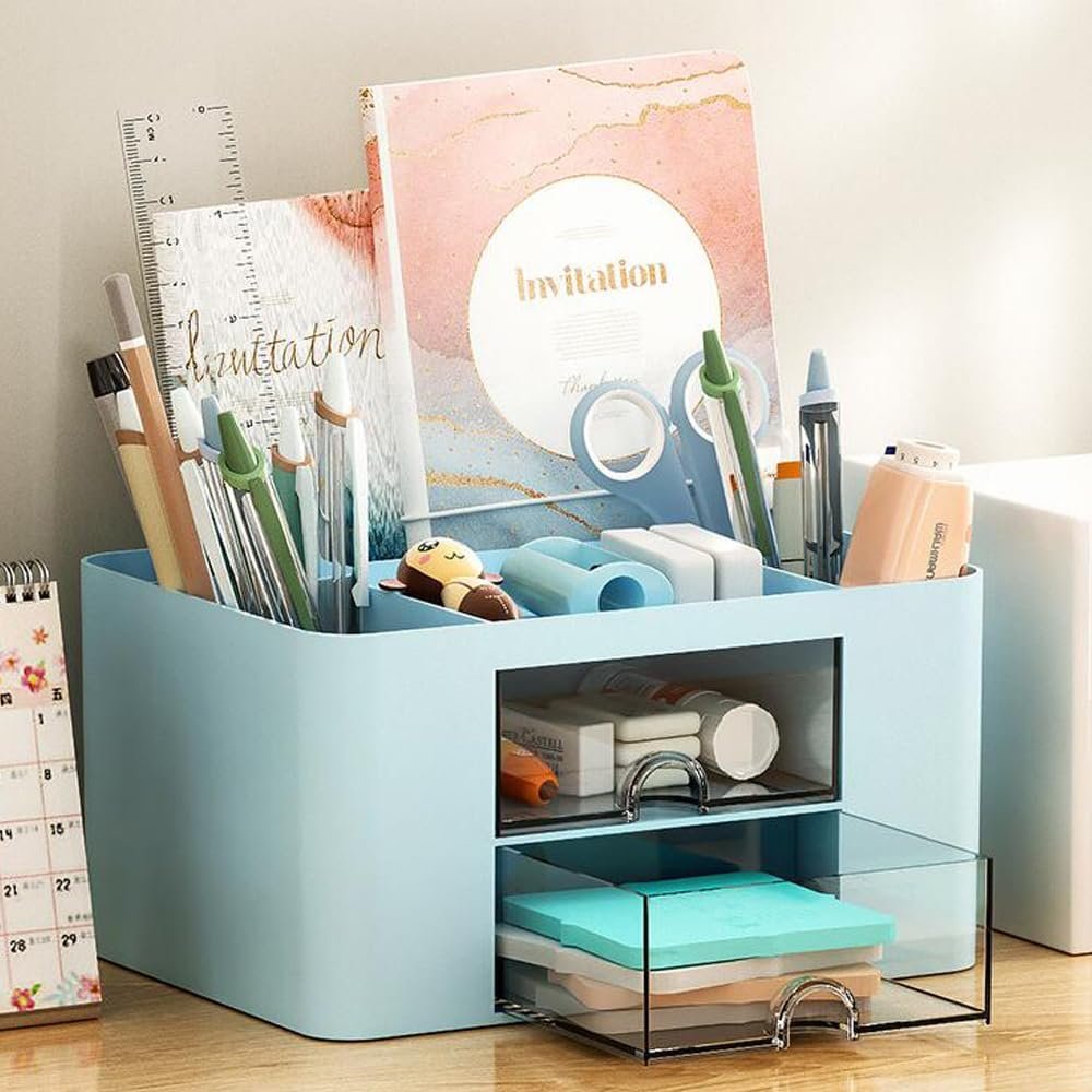 Desk Organizer Office with Drawer Pen Holder for Storage Box Accessories Organizers and Home School Multifunctional with 4 Compartments 2 Drawers Cute Plastic for Makeup Desktop Storage Organization