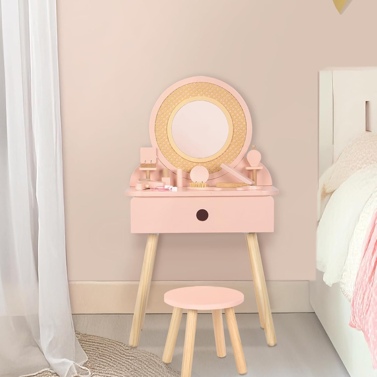 OOOK Kids Vanity Table and Chair Set, Pink Girls Vanity with 11 Pcs Accessories, Enough for Real and Pretend Makeup, Toddler Vanity for 3 Year Old and Up as Ideal Gift