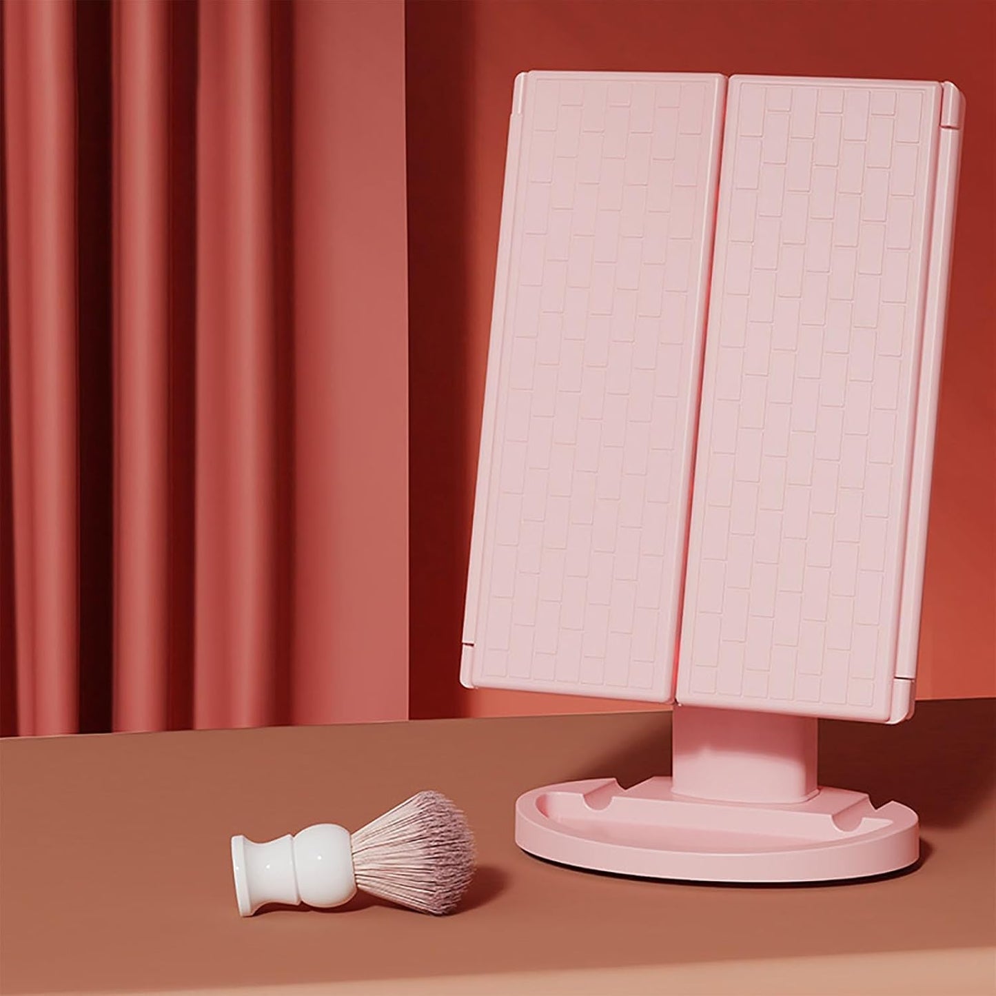 Tri-Fold LED Makeup Mirror | Portable Tabletop Vanity Mirror | Stepless Dimming | 1X/2X/3X Magnification + 10X Small Mirror | Home & Travel Makeup Tool (Pink)