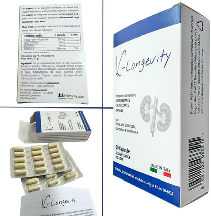 K-Longevity Anti-Aging Food Supplement Energizing Antioxidant with Royal Jelly Quercetin Vitamin A Royal Jelly Immune Defenses Sugar-Free Fights Fatigue Fatigue Free Radicals