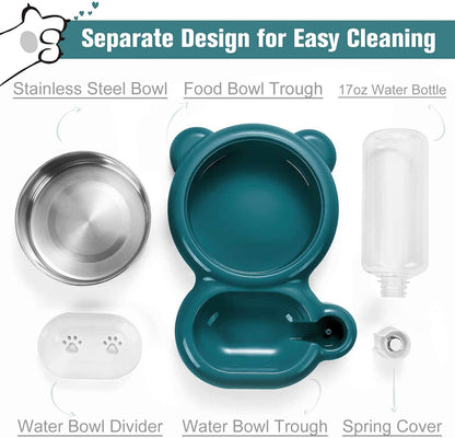 Azwraith Dog Bowl Set, Cat Food and Water with Water Dispenser and Stainless Steel Bowl for Cats and Small Dogs, Dark Green