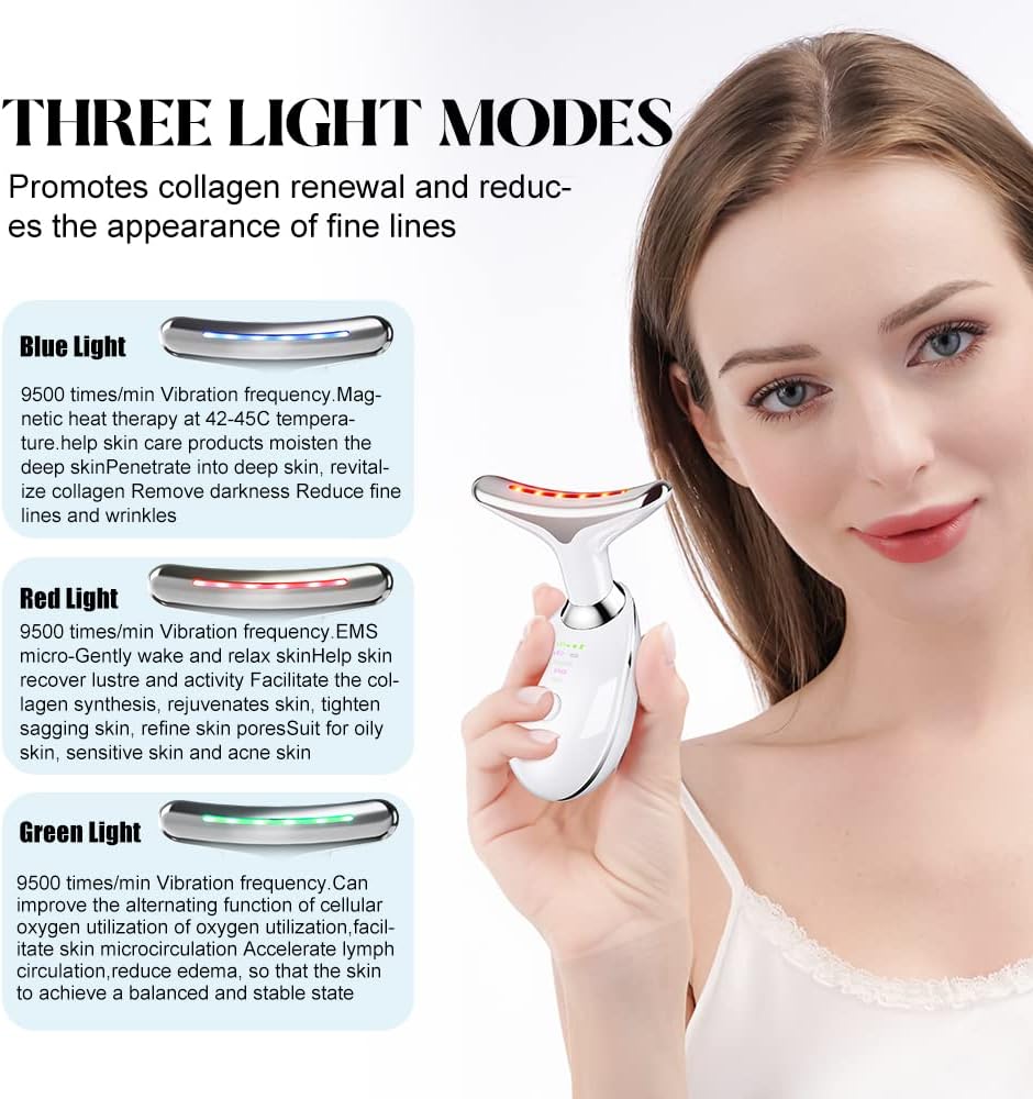 Firming Wrinkle Removal Device for Neck Face, Double Chin Reducer Vibration Facial Massager with Three Uses LED Heat Modes for Skin Care Tightens and Lifts (white)
