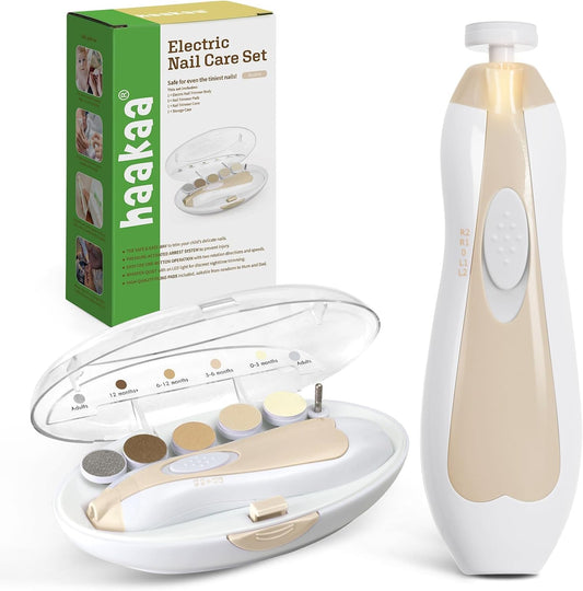 haakaa Baby Nail File Electric Baby Nail Care Set with LED Light, Baby Nail Clippers for Newborn/Infants/Adults Toes and Fingernails, 6 Replacement Heads & Storage Case, Acorn