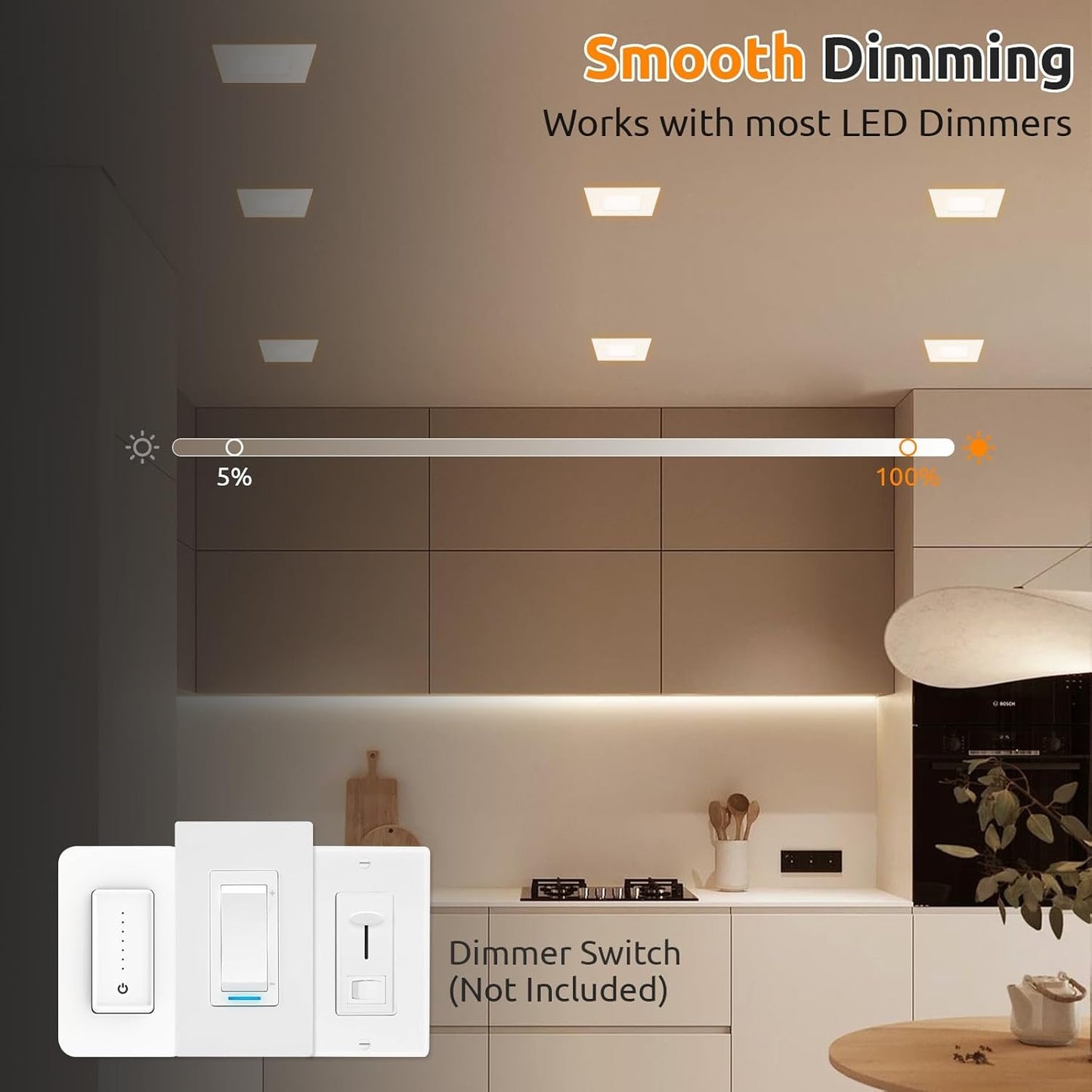 HONZIN 6 Pack 6 Inch Square LED Pot Lights, 5CCT Selectable 2700K–5000K, Dimmable Recessed Ceiling Light with Junction Box, 13W Ultra-Thin IC Rated, White Trim