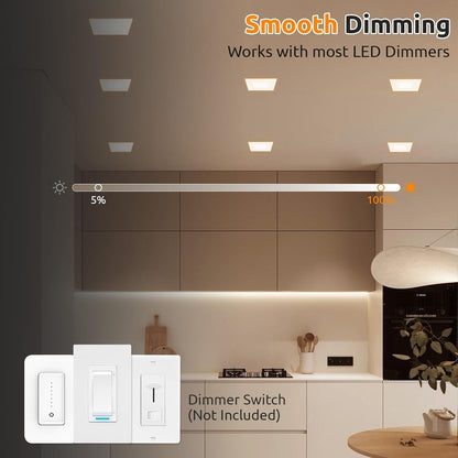 HONZIN 6 Pack 6 Inch Square LED Pot Lights, 5CCT Selectable 2700K–5000K, Dimmable Recessed Ceiling Light with Junction Box, 13W Ultra-Thin IC Rated, White Trim