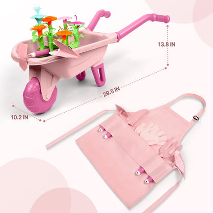 Qtioucp 16Pcs Kids Gardening Tools Set Backyard Play with Wheelbarrow, Apron, Watering Can and More Educational STEM Learning Pretend Toys Outdoor Indoor for Toddlers Kids Boys Girls (Pink)