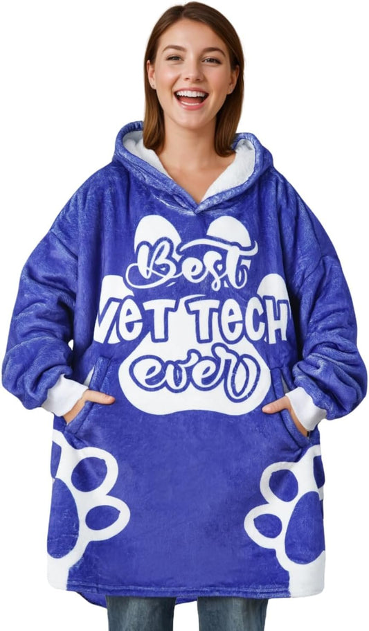 Vet Tech Gifts, Wearable Fleece Vet Tech Blanket Hoodie, Super Soft Warm Cozy with Giant Pocket- One Size Fits Most, 02-heart-blue, One Size