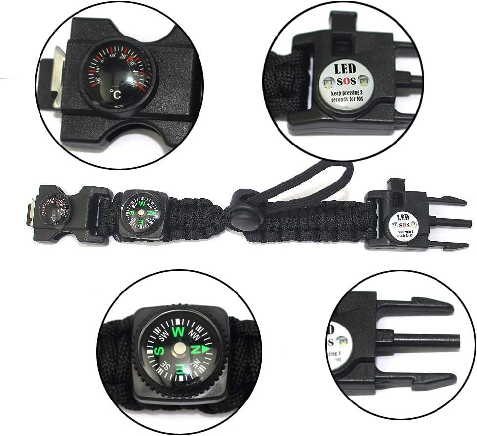 TECHONG Sports Paracord Bracelet - 7 String Woven Adjustable Survival Black Casual Wristband with 20 Emergency Tools for Wilderness Hunting & Fishing