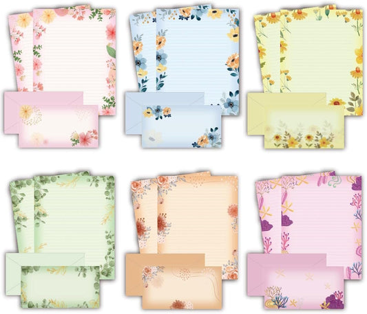 Lined Stationary Set with Envelopes 48 Writing Stationary Paper with 48 Envelopes - Flora Lines Stationary Paper Set Letter Writing Paper, 8.5 x 11 Inch of Each Stationery Paper, 6 Designs Assorted
