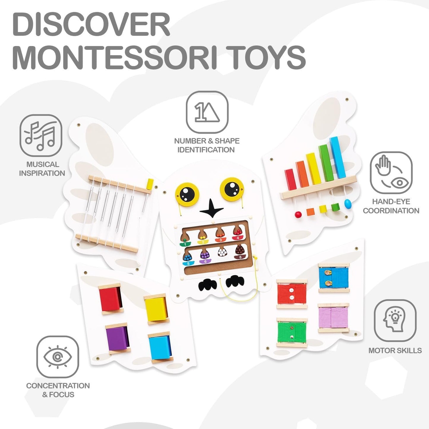 Monläurd® Owl Montessori Busy Board,Sensory Board,Educational Toys,Activity Cube,Wall Toys,Daycare Furniture,Playroom Furniture,Interactive Toys,Wooden Toys,Learning Toys,Boys and Girls 6 M+