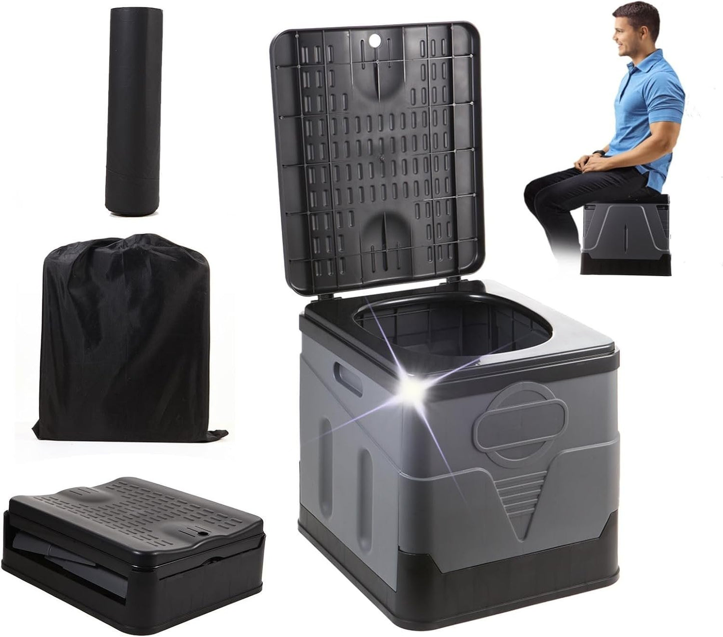 Portable Camping Toilet Foldable Potty Toilet Bucket for Adults, Compact Outdoor Toilet for Car Travel Hiking Road Trip Tents (Black Grey)