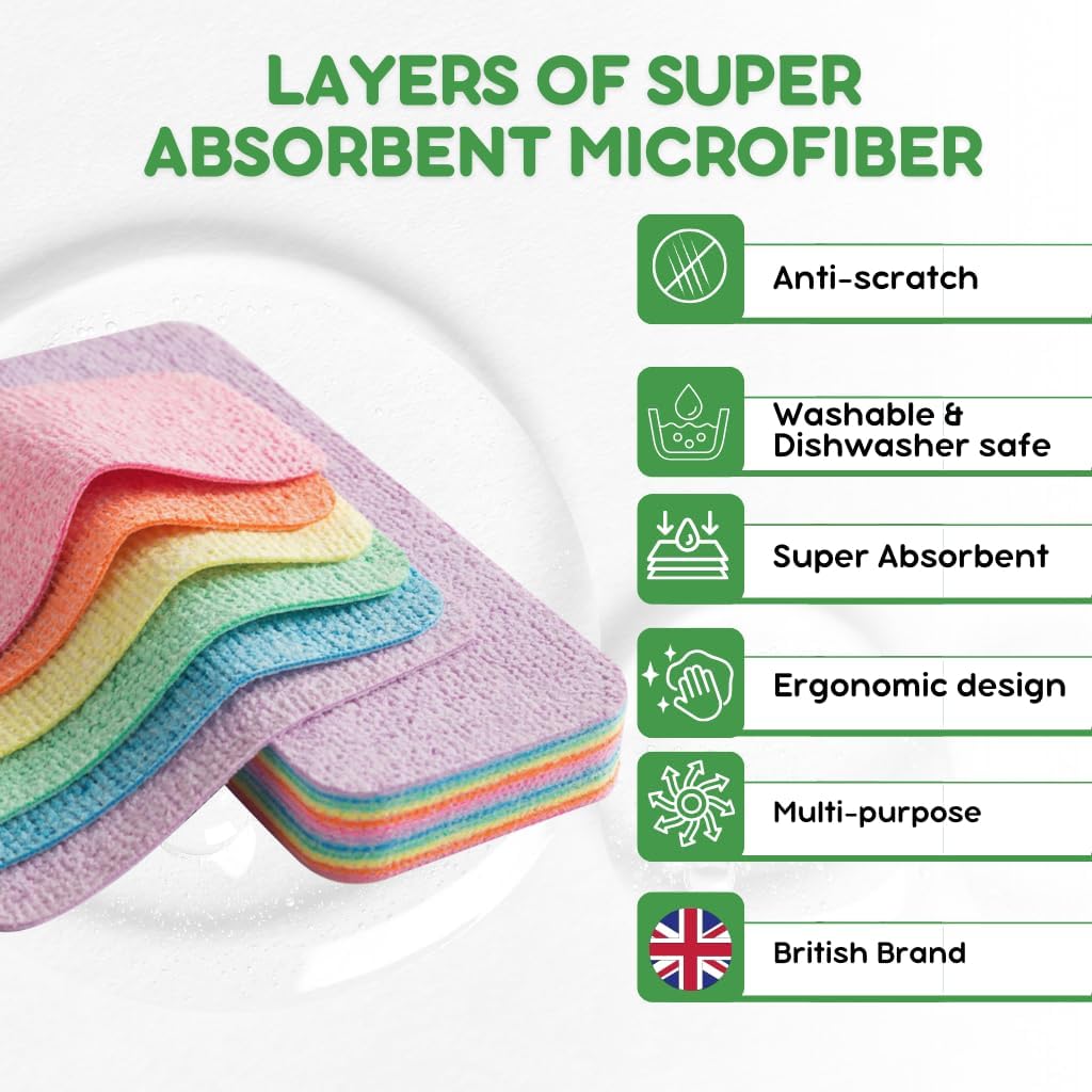 Washing up Sponge Multi Purpose household essentials Machine Washable Kitchen Cleaning Products. 12 layers Super Absorbent & Durable microfibre cloth. For Window Countertop Car Dish sink & Bathroom. L