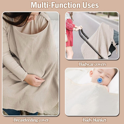 Muslin Nursing Cover for Breastfeeding, Soft&Breathable Cotton Breastfeeding Cover for Women,Privacy Nursing Covers with Arch Neckline Adjustable Hoop for Mother Nursing Apron (Coffee)
