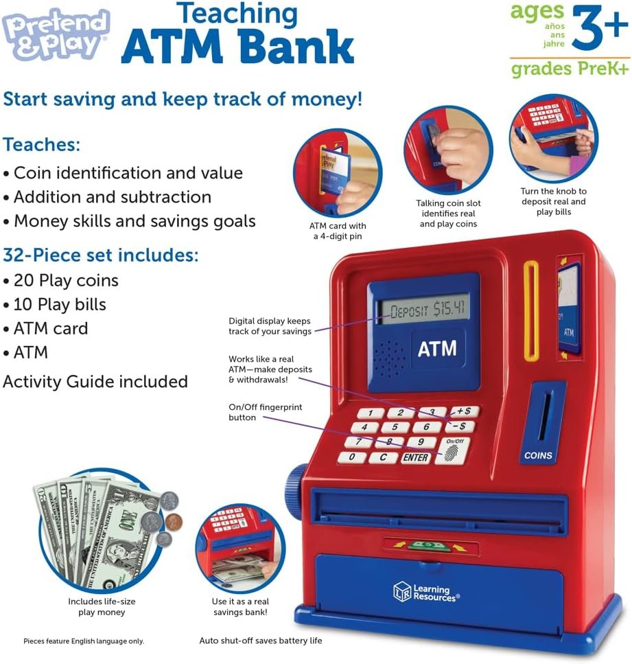 Learning Resources Teaching ATM Bank, Blue & Red, Classic Toy, 32 Pieces, Ages 3+