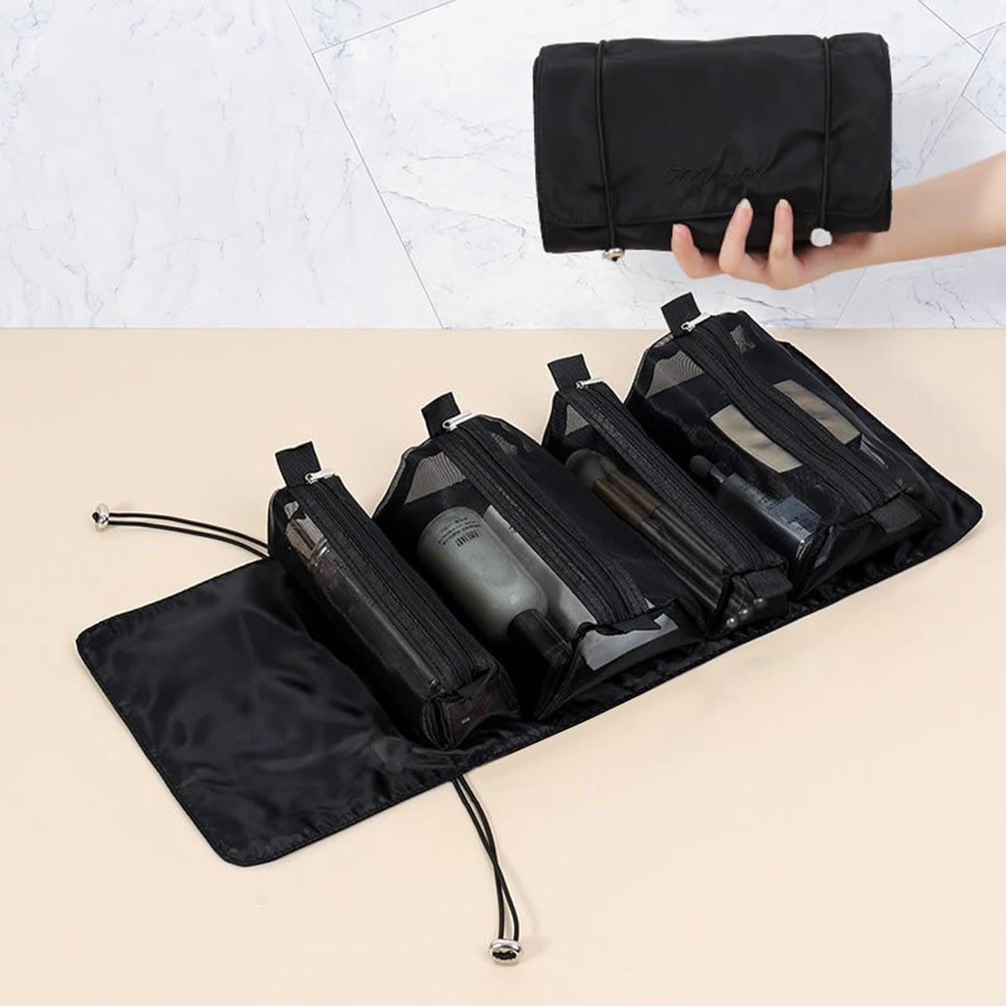 Rolled Toiletry Bag - Folding Hygiene Travel Kit Case Bathroom | Travel Makeup Organizer, Compact Grooming Organizer Bag, b, Black, riferimento alla descrizione, Please refer to
