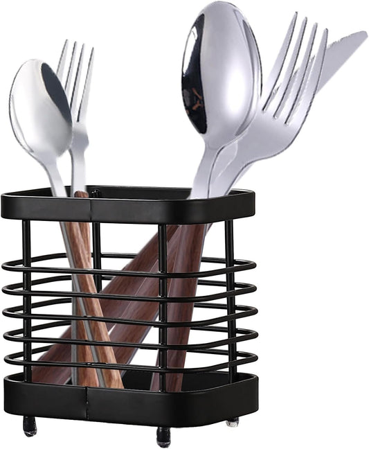 Utensil Holder Kitchen Countertop Organizer, Cutlery Drainer Sink Caddy Dish Drying Rack, Cabinet Silverware Storage Organiser, Stainless Steel, Black(4 in)