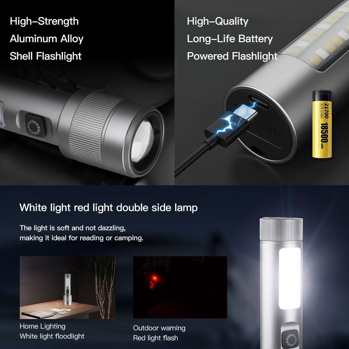 Small Rechargeable Flashlight with Main and Side Lights, Full Aluminum Alloy Body, Built-in Battery, Up to 200m Illumination - Ideal for Hiking, Patrolling, Camping & Emergencies