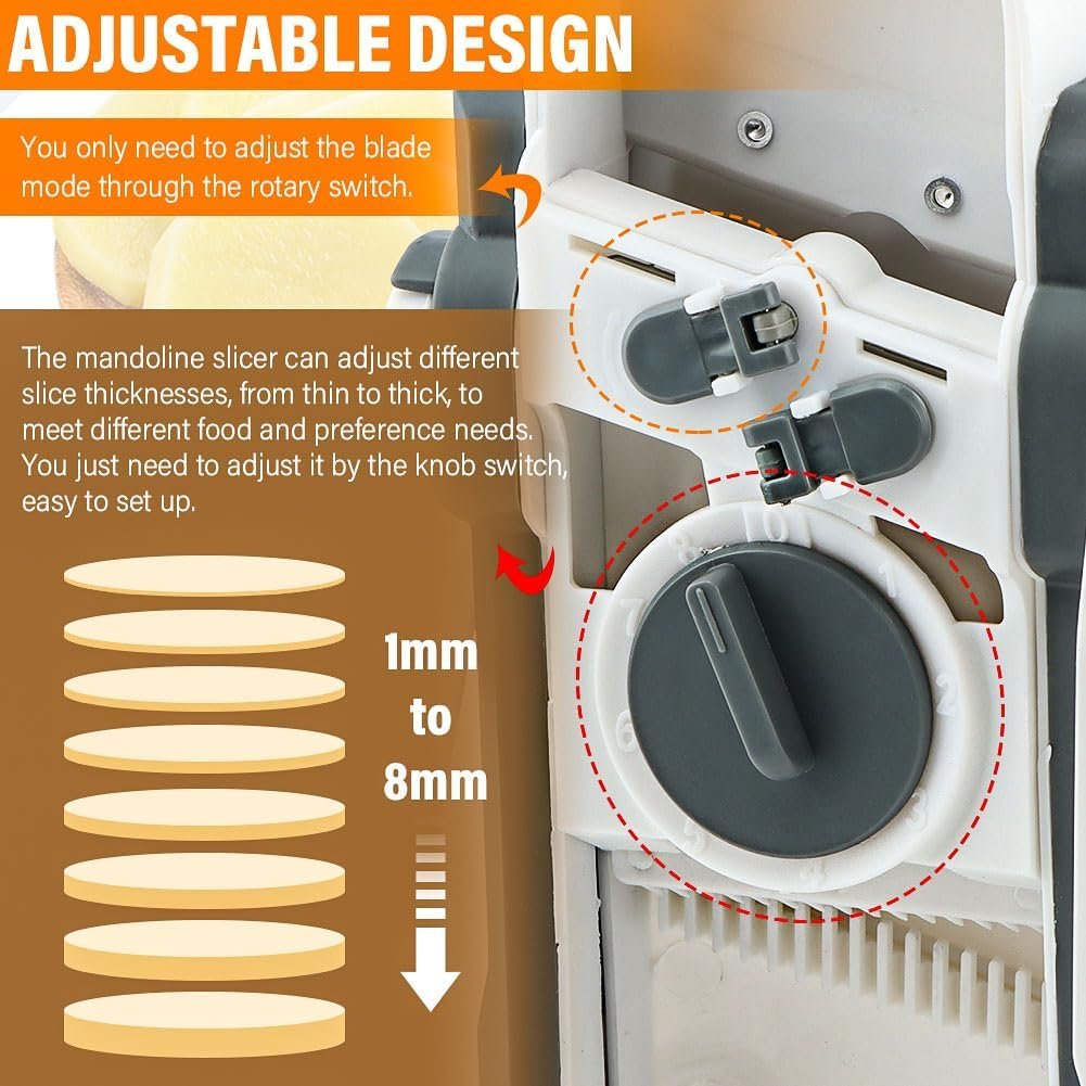 Kitchen Mandoline Slicer Set With Peeler Chopper for Fruit Vegetable Potato, Thickness-Adjustable Kitchen Tool for Fast Meal Prep(Grey+White)