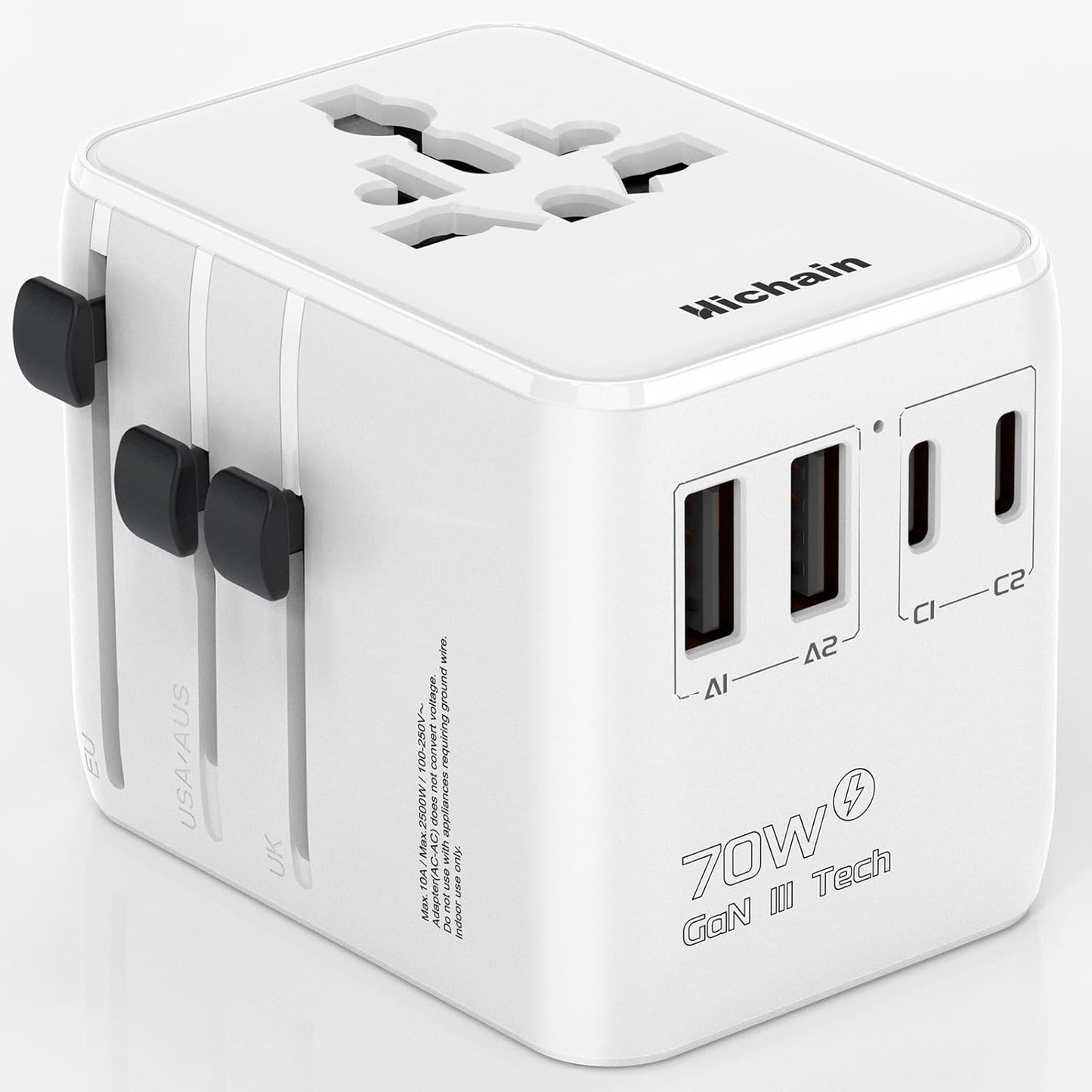 Hichain Universal Travel Socket 70W PD Fast Charging Travel Adapter 2 USB-A Ports 2 USB-C Ports International Travel Plug All-in-one Wall Adapter for USA EU UK AUS