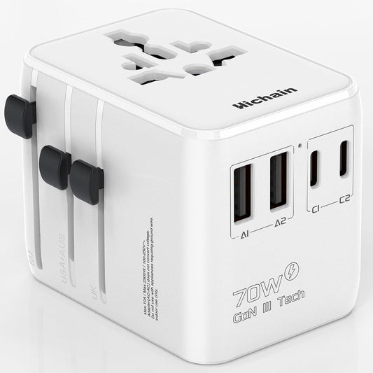 Hichain Universal Travel Socket 70W PD Fast Charging Travel Adapter 2 USB-A Ports 2 USB-C Ports International Travel Plug All-in-one Wall Adapter for USA EU UK AUS