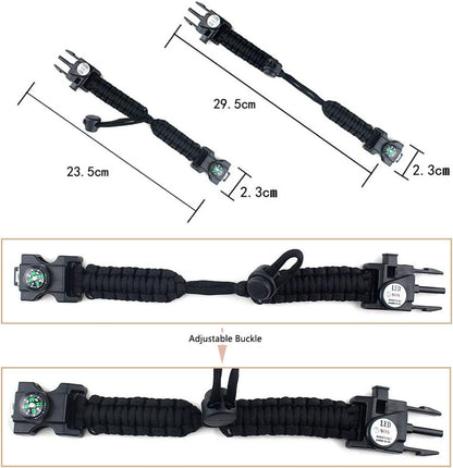 Adjustable Survival Bracelet, 7 Core Paracord 20 in 1 Emergency Sports Wristband Gear Kit with Waterproof LED SOS Light, Compass, Rescue Whistle, Fire Starter Multi-tool for Wilderness Adventure