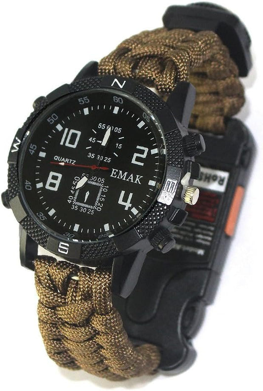TecHong Rechargeable Sports Wrist Watch - Men's Multifunction Outdoor Survival Bracelet Emergency Wristband First Aid Tools with Paracord Multi-Lights Compass Whistle Thermometer Mirror Sim Pin