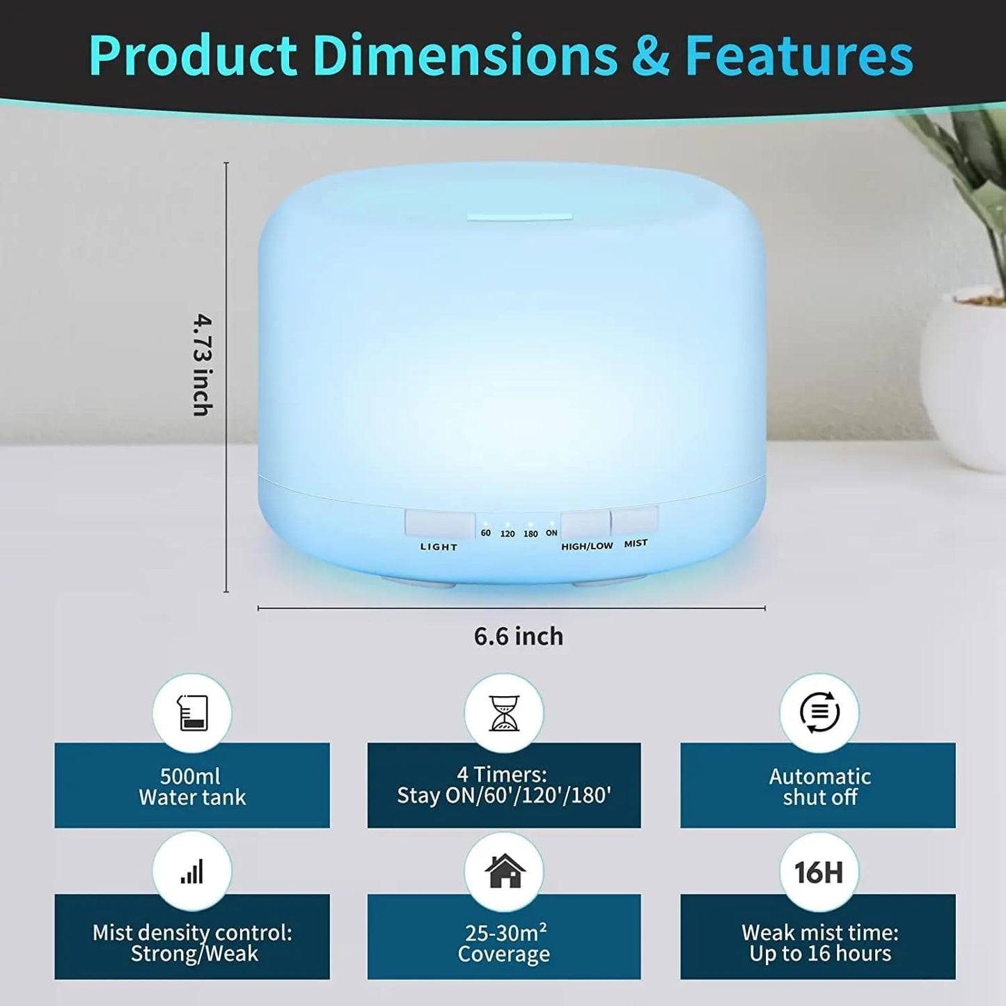500ml Essential Oil Diffuser 7 Color Night Light, Electric Aroma Ultrasonic Aromatherapy Humidifier Timer and Auto Shut Off (with Bluetooth Speaker)