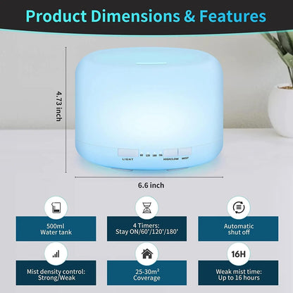 500ml Essential Oil Diffuser 7 Color Night Light, Electric Aroma Ultrasonic Aromatherapy Humidifier Timer and Auto Shut Off (with Bluetooth Speaker)