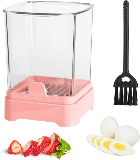 Fruit & Veggie Slicer Cup - Removable Blades & Food Push Plate - Strawberry, Banana, Egg & Grape Cutter - Safe & Portable Kitchen Slicing Tool for Easy Food Prep (Pink)