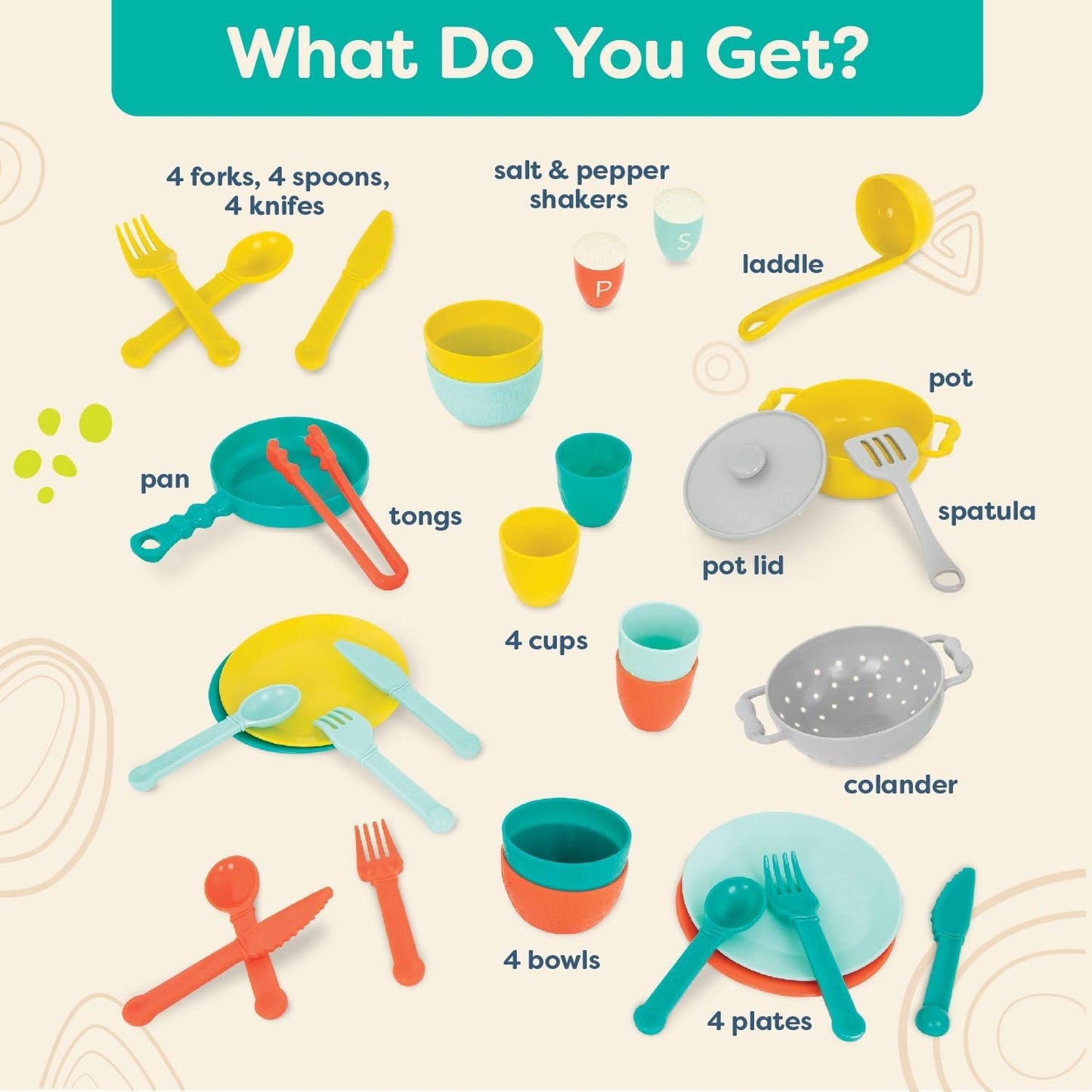 B. toys – Play Kitchen Accessories – Cookware, Dishes, Utensils – 33-Piece Play Set for Kids – Pretend Play Toys – 3 Years + – Mini Chef Kitchen Set