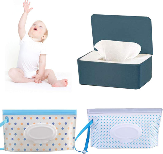 Baby Wipes Dispenser Set, Reusable Baby Wipe Holder Box, Refillable Baby Wipes Container Travel Wet Wipes Case with Reusable Wipes Pouch for Baby Home Kitchen Office Travel 3 PCS