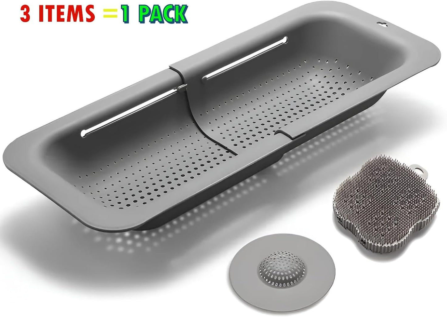 3 in 1 Pack Kitchen Sink Colander Strainer Basket, Home Apartment Kitchen Essentials, Fruit and Vegetable Colander, strainers and colanders, Food Strainer, Extendable Colander Strainer Basket - Grey