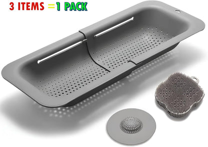 3 in 1 Pack Kitchen Sink Colander Strainer Basket, Home Apartment Kitchen Essentials, Fruit and Vegetable Colander, strainers and colanders, Food Strainer, Extendable Colander Strainer Basket - Grey